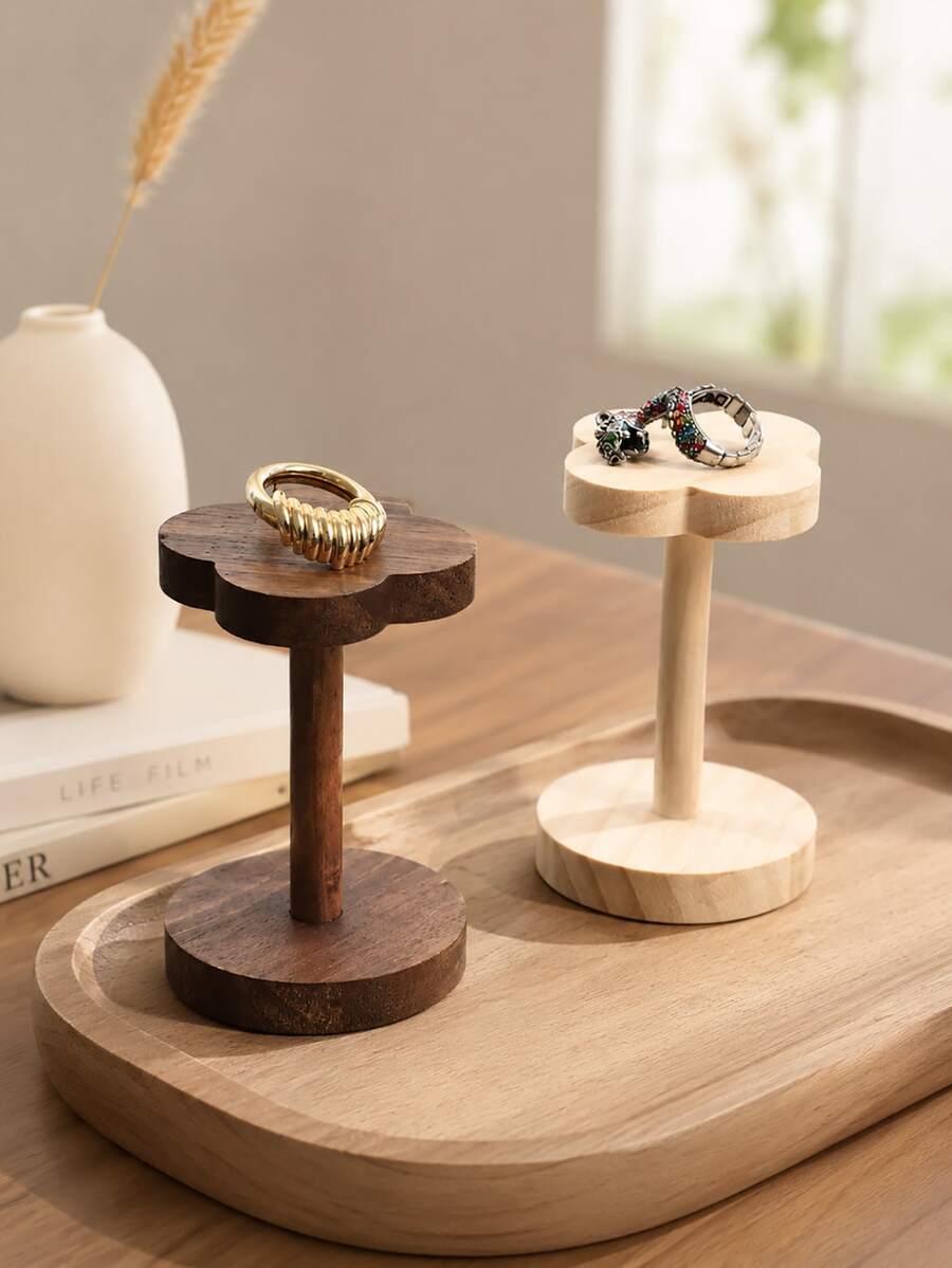1pc Flower-Shaped Solid Wood Ring Holder, Solid Wood Jewelry Display Stand, Desktop Ring Storage Cabinet, Ring & Earring Organizer, Jewelry Photography Prop, Home & Retail Display, Best Choice For Beautiful Homes - Multicolor - View 1