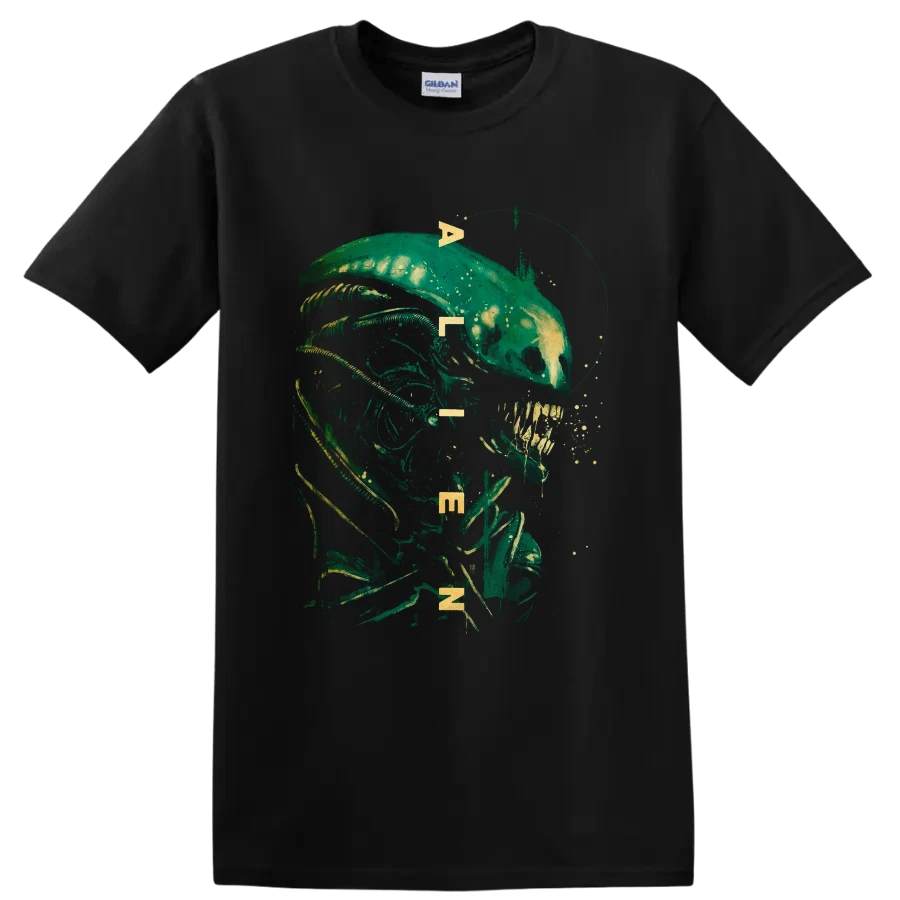Camiseta de terror con criatura de ciencia ficción y arte gráfico de retrato biomecánico verde - Negro - Ver 1