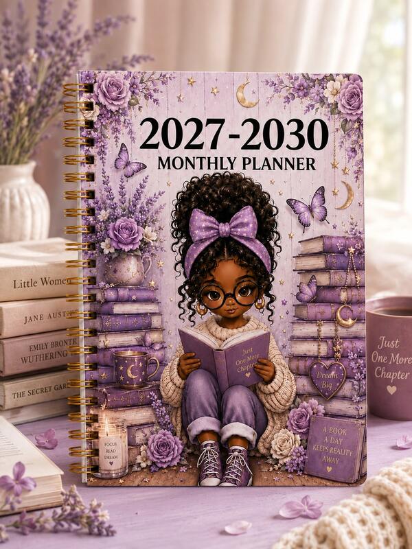 2027-2030 Monthly Planner, Purple Reading Girl Monthly Weekly Spiral Notebook Desk Calendar 2026 2027 Planner, Great For Back To School Supplies Office Supplies For Women Desk Accessories Christmas Gifts