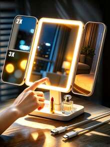 1pc 3-Fold LED Makeup Mirror, Rotatable Desktop Mirror, 3X/2X/1X Magnification, Touch Screen Brightness Control, With Stand And 3 Lighting Modes, Suitable For Home And Travel Use, Ideal Holiday Gift - 彩色 - 查看 2