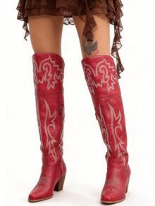 Summer Boots Riding Knee Thick Heels Embroidery Red Cowboy Boots For Women's Country Concert Combat Boots Cowgirl Outfits  Western Chic Festival Shoes - 紅色 - 查看 10