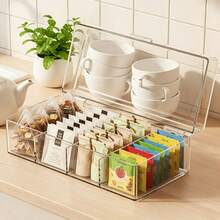 1pc (19.5*9*7.5cm/7.7*3.5*3in) Hinged Lid Divided Tea Bag Storage Box, Transparent Stackable Tea Storage Container, 4-Compartment Plastic Tea Bag Organizer, Suitable For Kitchen And Countertop - Transparent - View 6