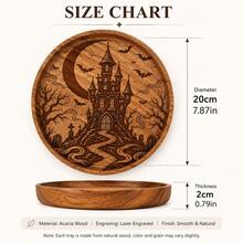 1pc Halloween Walnut Wood Carved Round Wooden Plate, Western Style Dinner Plate, Steak Plate, Candy Plate, Fruit Plate, Solid Wood Pizza Board, Tray, Holiday Decoration Tray - View 8