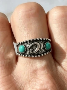 1pc High Quality Faux Turquoise Geometric Letter Vintage Style Metal Material Multicolor Men's Ring Suitable For Men's Daily And Holiday Wear - Multicolor - View 5