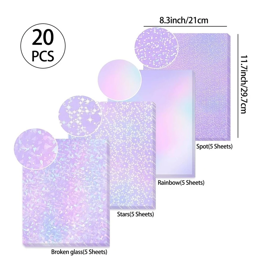 A4 Size Transparent Holographic Cold Laminating Film, 8.3*11.7 Inches, 4 Styles Mixed: Diamond, Rainbow, Star, Dotted, Waterproof Self-Adhesive Vinyl Sticker Paper - A - View 1