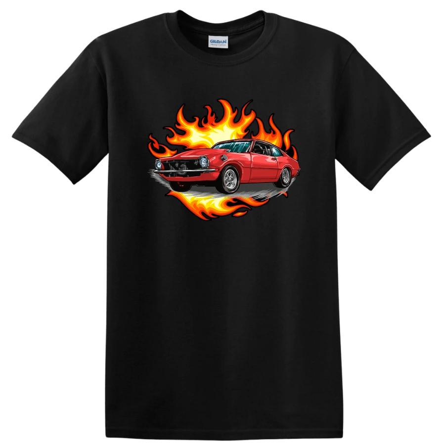 Camiseta Clásica Roja con Gráfico de Llamas para Amantes de los Autos - Negro - Ver 1