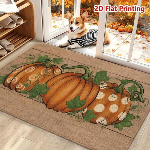 1/2pcs Autumn Door Mat, Autumn Pumpkin Vine Pattern Flannel Door Mat, Comfortable Soft Absorbent Non-Slip Machine Washable, Multi-Functional Home Entrance Carpet Kitchen Bathroom Mat, Hallway Bedroom Patio Decor, Thanksgiving Autumn Holiday Decoration
