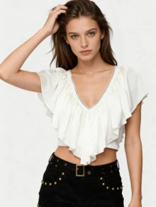 Blusa bohemia de mujer con cuello en V con volantes, manga corta con volantes y corte crop de gasa - Blanco - Ver 4