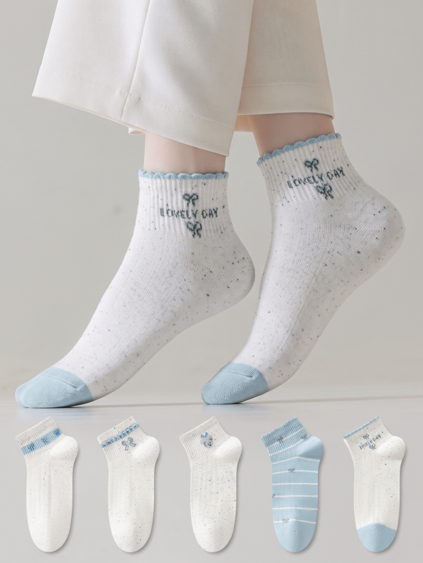 ZUJO 5 Pairs Women's Blue-Grey Short Socks, Bowknot Striped Polka Dot Pattern, Suitable For Home And Travel All Year Round, Simple And Comfortable, Suitable For All Seasons, Random Color