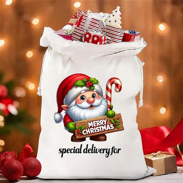 Warm Christmas Themed Gift Bag, Cute Cartoon Santa Claus Print Drawstring Pouch, Practical Drawstring Structure For Easy Gift Storage, Suitable For Various Holiday Gifts And Party Occasions, Creating A Ritualistic Christmas Gifting Experience