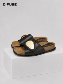 D:FUSE Women's Gold Metal Buckle Open Toe Slip-On Flat Low Heel Sandals, Office Lady Style, Summer Daily Date Beach Vacation Wedding Comfortable Black PU Slides - Black - View 2