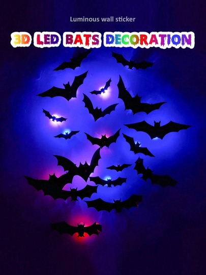 Black Night 12/24/36pcs LED Bat Wall Stickers Night Light, 3D Bat Decorative Wall Stickers, Suitable For Holidays, Parties, Friends Gatherings, Atmosphere Decoration, Multi-Specification Window Garage Decor Glowing Flashing Wall Stickers
