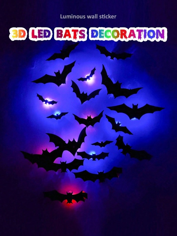 Black Night 12/24/36pcs LED Bat Wall Stickers Night Light, 3D Bat Decorative Wall Stickers, Suitable For Holidays, Parties, Friends Gatherings, Atmosphere Decoration, Multi-Specification Window Garage Decor Glowing Flashing Wall Stickers