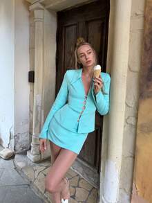 Women's Fashionable Water Blue Blazer, Unique Front Button Design, Long Sleeve Regular Fit, Elegant Elegant - Mint Blue - View 8