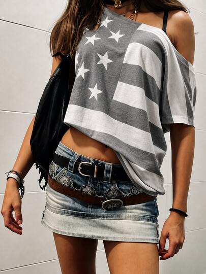 USA Flagge Unabhängigkeitstag Mode asymmetrische Schulter Lässig Alltag T-Shirt