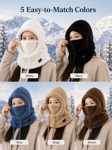 Women's 4-In-1 Winter Hooded Balaclava Face Mask, Adjustable Drawstring Neck And Ear Warmer, Solid Color Pullover Ski Hat, Suitable For Cycling, Skiing, Snowboarding, Hiking, Camping, Commuting, Traveling And Outdoor Cold Weather Accessories - One Size Fits All - View 8