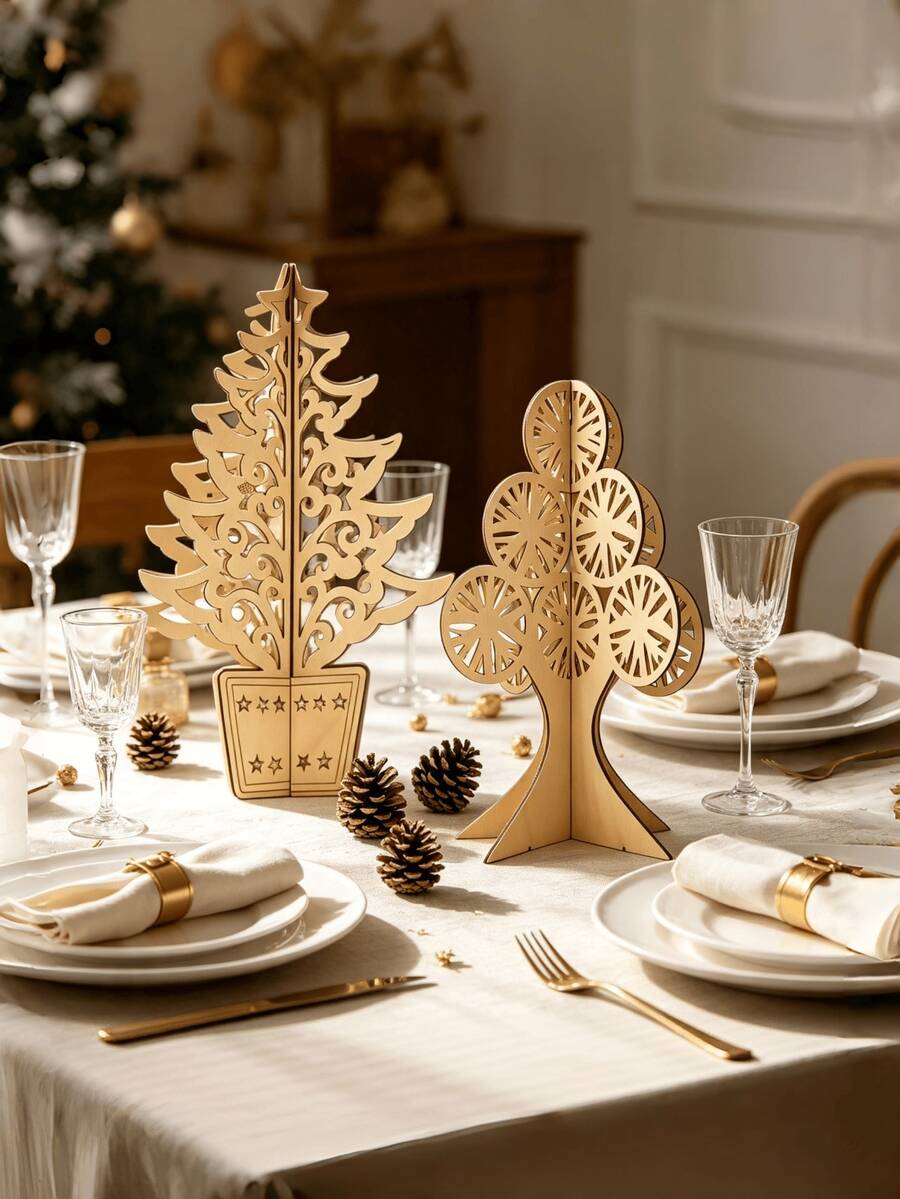 1pc Christmas Tree Ornament, New Wooden 3D Christmas Decoration Craft Hollow Carved Desktop Christmas Tree Ornament