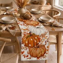 1pc Thanksgiving Orange And White Pumpkin Table Runner, Autumn Pastoral Style, Thanksgiving Home Kitchen Decor, Suitable For Thanksgiving Family Decoration And Party Decoration - Multicolor - View 1
