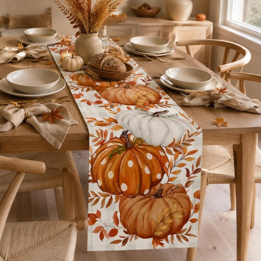 1pc Thanksgiving Orange And White Pumpkin Table Runner, Autumn Pastoral Style, Thanksgiving Home Kitchen Decor, Suitable For Thanksgiving Family Decoration And Party Decoration - Multicolor - View 1