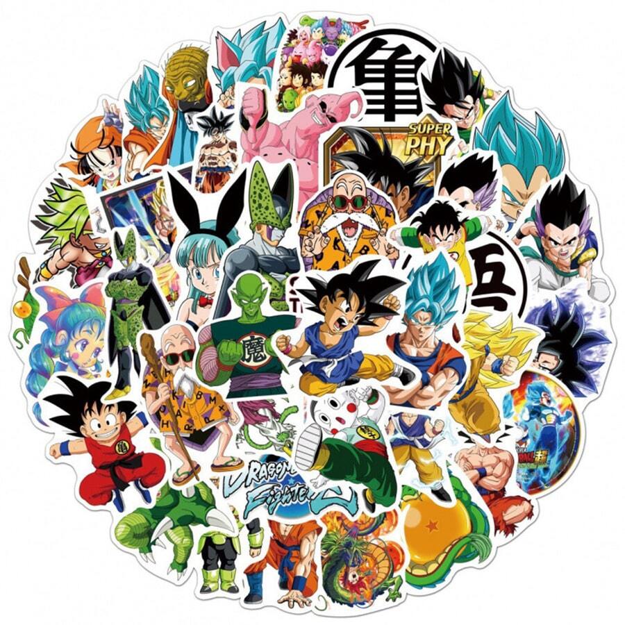 Panini 50pcs Dragon Ball Waterproof Sticker Pack, Goku Vegeta Bulma Master Roshi Anime Vinyl Stickers, Self-Adhesive Cartoon Stickers, Suitable For Water Bottles Laptops Skateboards Luggage Notebooks Scrapbooks Theme Party Gifts - View 1