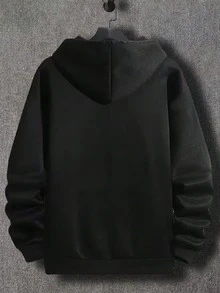 Men's All-Match Solid Color Loose Fit Hoodie, Solid Color Kangaroo Pocket Pullover, Minimalist Drawstring Metal Head Versatile Drop Shoulder, Minimalist No Print All-Match Metal Drawstring, Versatile Design For Layering And Casual Wear, Unisex - Black - View 6