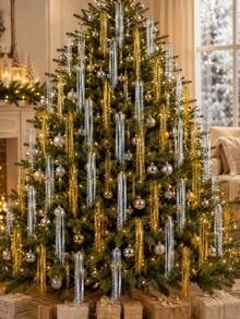 1 Pack 19.7 Inch Shiny Silver & Gold Christmas Sequin Icicle Hanging Decor, Christmas Tree Wedding Home Party Decoration, Fireplace Decoration, Party Backdrop Decoration, Home Decor - Multicolor - View 3