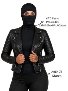 Kit Camiseta Blusa Termica Peluciada Manga Longa + Balaclava Touca Articulada Pra Inverno Corpo Aquecido Frio Moto - Camiseta PRETA/ Touca PRETA - Visão 2