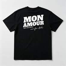 Large Size T Shirt Malle Party Shirt Mon Amour,French Text,Pattern Design,Round Neck,Romantic Gifts For A Bachelorette Party,Solid Color - 黑色 - 查看 2
