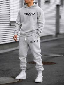 Men's Lightweight Milan Letter Print Hoodie & Pants Set, Casual 2-Piece Outfit With Pockets And Drawstring Waist For Spring And Fall - Light Grey - View 1