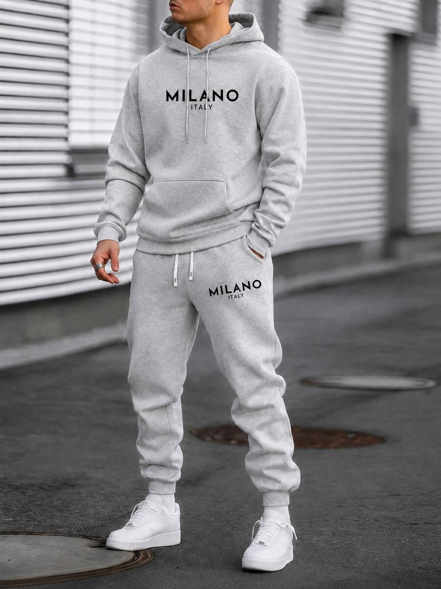 Men's Lightweight Milan Letter Print Hoodie & Pants Set, Casual 2-Piece Outfit With Pockets And Drawstring Waist For Spring And Fall - Light Grey - View 1