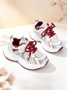 1 Pair Grey Mesh Breathable Chunky Sneakers Campus Sneakers Red Colorblock Patchwork Fabric Front Lace-Up Hook And Loop Casual Sports Shoes Spring Summer Autumn New 2026 - Red - View 5