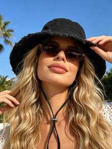 1pc Women's Drawstring Bucket Hat, Adjustable Chin Strap Design, Distressed Effect, Soft Fabric, Sun Protection, Windproof, Fashionable Versatile, Suitable For Travel, Beach, Vacation, Daily Casual - A - View 2