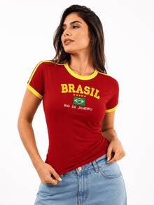 Baby Tee Brazil Retro Embroidered BabyLock Y2K - Rojo - Ver 2