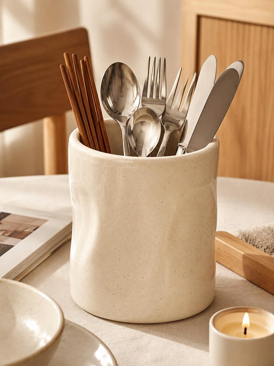 1pc Wavy Texture Kitchen Countertop Utensil Holder, Large Capacity Utensil Holder, Modern Asymmetrical Pleated Design Kitchen Utensil Storage Rack, Multi-Purpose Suitable For Utensils, Makeup Brushes, Home Kitchen Decor Storage Organizer - Multicolor - View 1