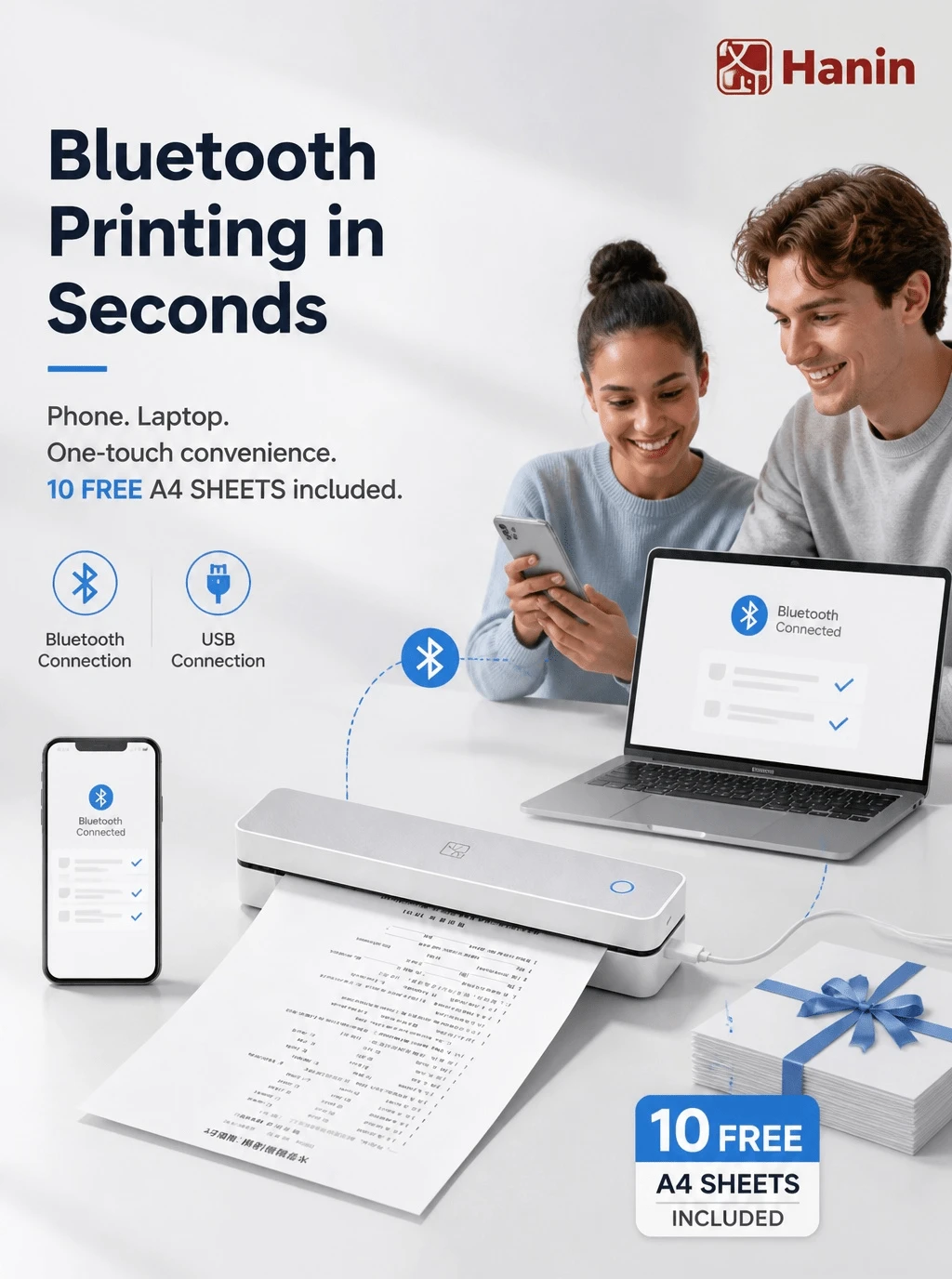 HPRT MT610 Portable A4 Thermal Printer For Home And School, Bluetooth Wireless Mini Printer For Homework, Exam Papers, And Study Notes, Supports Photo Scanning - Grayish White - View 1