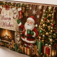 Christmas Table Skirt, Printed With Santa Claus, Fireplace And Tree Pattern, Warm Holiday Blessing Polyester Fabric Tablecloth, Comfortable Christmas Party Decoration, Suitable For Dining Room, Home Gathering, Winter Home Decor - A - View 9