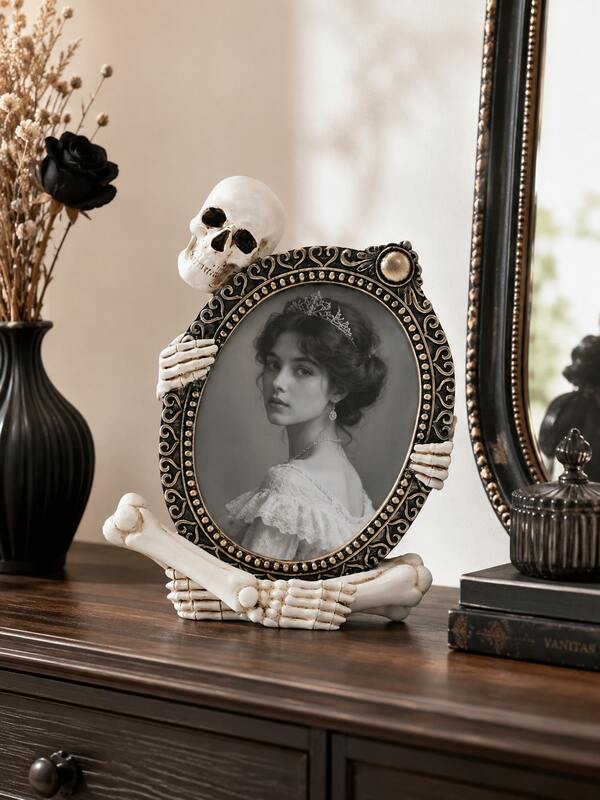 1pc Gothic Skull Photo Frame, Vintage Skeleton Tabletop Picture Frame With Ornate Oval Design, Decorative Frame For Desk, Bookshelf, Mantel & Home Decor
