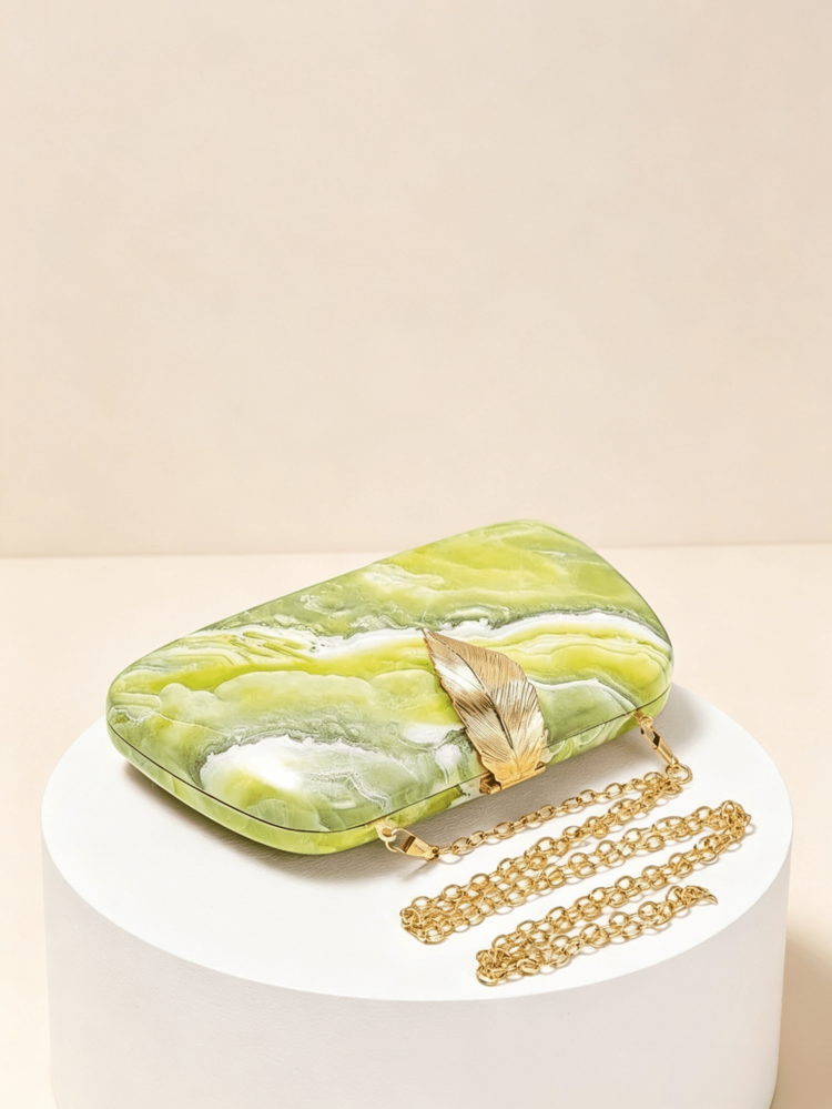 1pc Luxury Green Marble Texture Box Clutch With Gold Leaf Decor Frame Hard Shell Evening Bag, Luxury Mini Shoulder Bag For Formal Dresses - Yellow - View 5