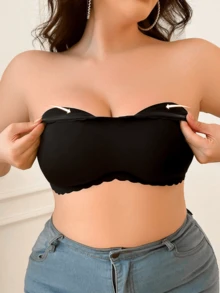 1pc Women's Wireless Seamless Bandeau Bra, Solid Color Wavy Trim Cross Hollow Back Multi-Hook Plus Size Support Padded Invisible Casual Bandeau Lingerie - Black - View 3
