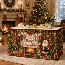 Christmas Table Skirt, Printed With Santa Claus, Fireplace And Tree Pattern, Warm Holiday Blessing Polyester Fabric Tablecloth, Comfortable Christmas Party Decoration, Suitable For Dining Room, Home Gathering, Winter Home Decor - A - View 1