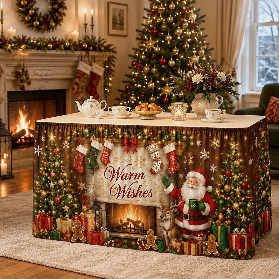 Christmas Table Skirt, Printed With Santa Claus, Fireplace And Tree Pattern, Warm Holiday Blessing Polyester Fabric Tablecloth, Comfortable Christmas Party Decoration, Suitable For Dining Room, Home Gathering, Winter Home Decor - A - View 1