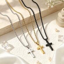 Stainless Steel Men's Premium Champagne Gold Twisted Chain Cross Pendant Necklace, Non-Fading - Twist Chain - View 3