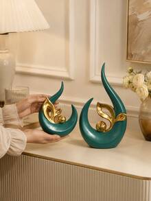 2pcs Green & Gold Abstract Art Sculpture Decor, Modern Decorative Statue Ornament, Luxury Home Decor Accent For Living Room, Coffee Table, Bookshelf, Entryway Console, Office Desk, Bedroom - A - View 3
