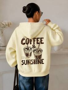 1pc Women's Pale Yellow Hooded Sweatshirt, Leopard Print Coffee Cup Slogan Graphic, Vintage Y2K Style Casual Fall - Apricot - View 5