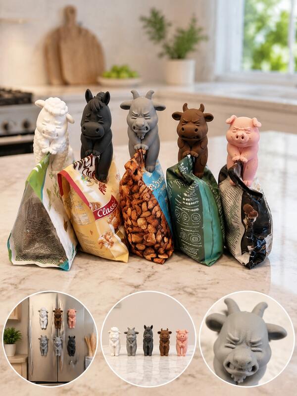 10pcs/5pcs Creative 3D Animal Squad Snack Sealing Clips, Multiple Cute Pet Dog Rabbit Grey Cat Bear 3D Sealing Clips, Food Packaging Bag Moisture-Proof Fresh-Keeping Clips, Kitchen Snack Bag Sealing Tool, Cute Home Daily Small Gift
