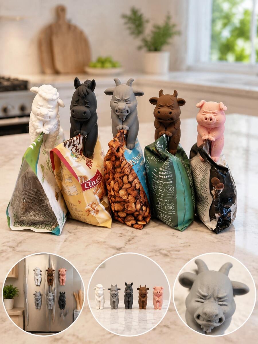 10入/5入創意3D動物小隊零食密封夾,多款可愛寵物狗兔灰貓熊3D密封夾,食品包裝袋防潮保鮮夾,廚房零食袋密封工具,可愛居家日常小禮物 - 彩色 - 查看 1