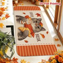 1/2pcs Autumn Door Mat, Autumn Maple Leaf Cat Coffee Theme Flannel Door Mat, Comfortable Soft Absorbent Non-Slip Machine Washable, Multi-Functional Home Entrance Living Room Kitchen Bathroom Hallway Floor Mat, Thanksgiving Holiday Decoration Carpet - Multicolor - View 6