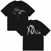 TThe Weeknd XO Til We Overdose Double Sided Tee, BlackWhiteEyePortrait Front,XO HeartGraffitiLogo&Handwritten Slogan Back, Black Cotton R&B Fan Merch - 黑色 - 查看 6