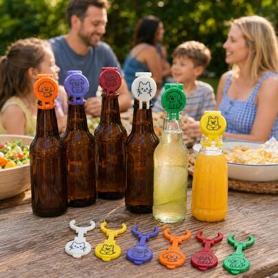 6pcs Cute Colorful Reusable Dust-Proof PLA Flip-Top Bottle Neck Markers, Beer And Beverage Bottle Drink Identification Labels, Suitable For Party, Bar, Home Gathering