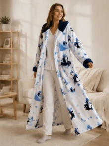 1pc Autumn/Winter Relaxed Multi-Color Animal & Fruit Print Flannel Long Bathrobe With Two Pockets, Tie Waist, Hooded Couple Robe - Multicolor - View 4